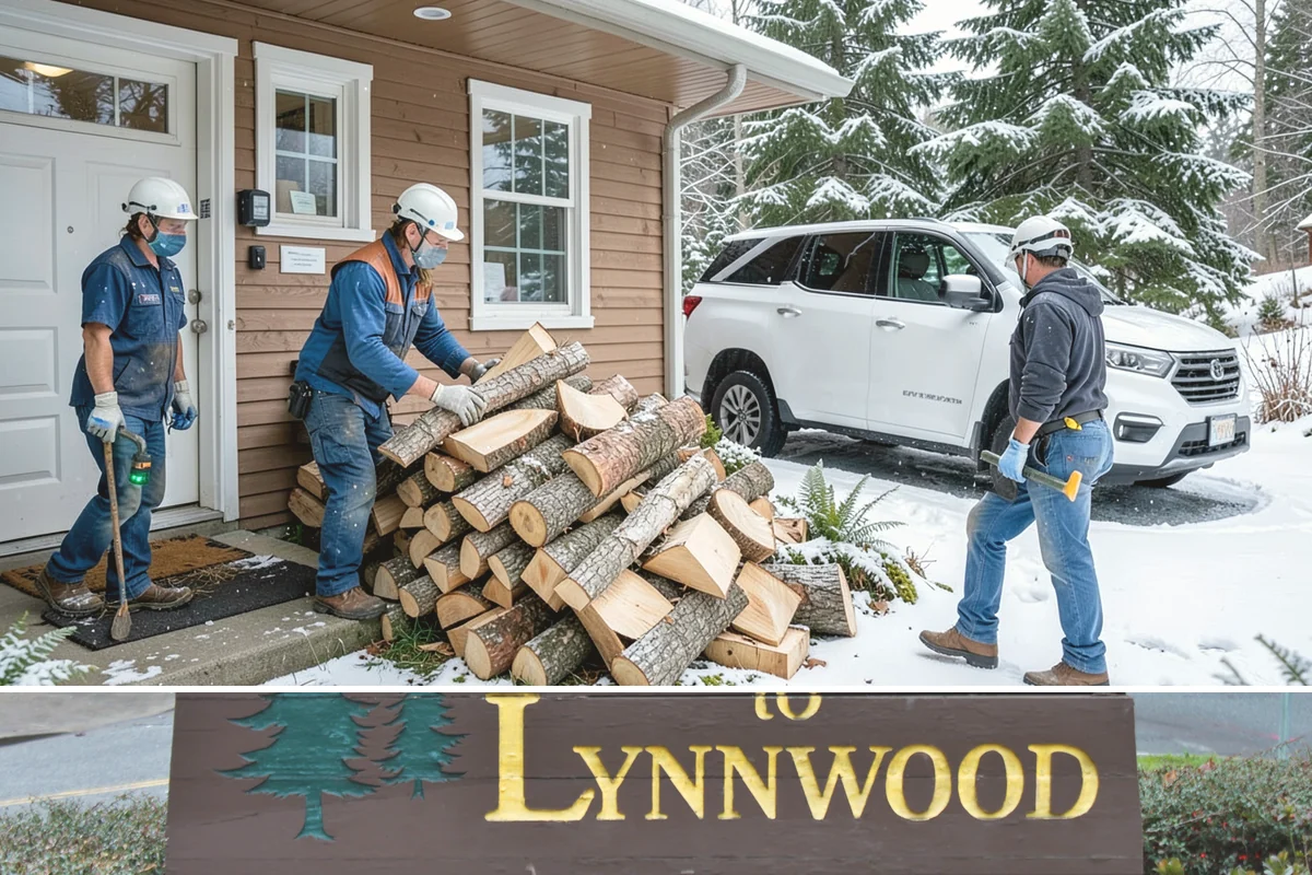 Wood Chip Cleanup in Lynnwood, Snohomish County, WA - Anytime after a big splitting session, with spring being popular once winter processing wraps up and the ground firms.