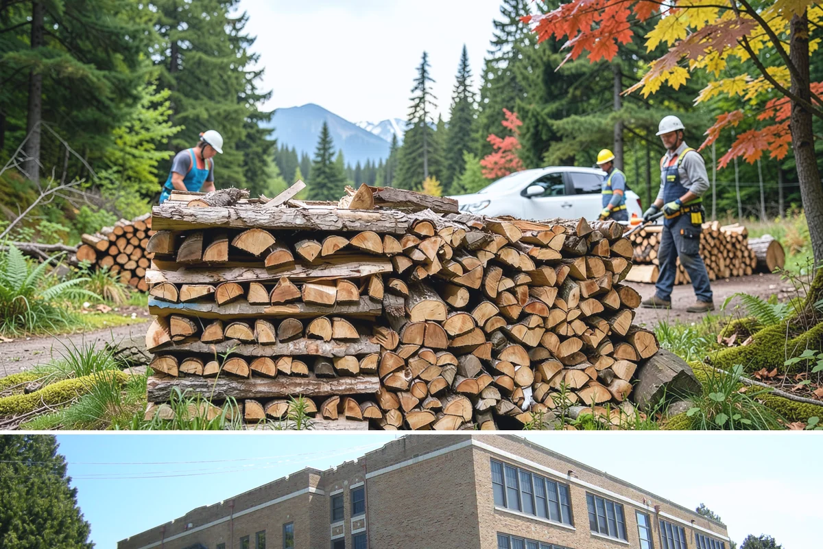 Wood Chip Cleanup in Maple Valley, King County, WA - Anytime after a big splitting session, with spring being popular once winter processing wraps up and the ground firms.