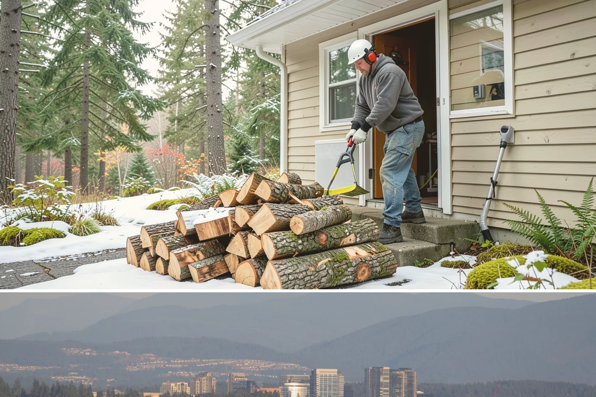 Wood Chip Cleanup in Medina, King County, WA - Anytime after a big splitting session, with spring being popular once winter processing wraps up and the ground firms.