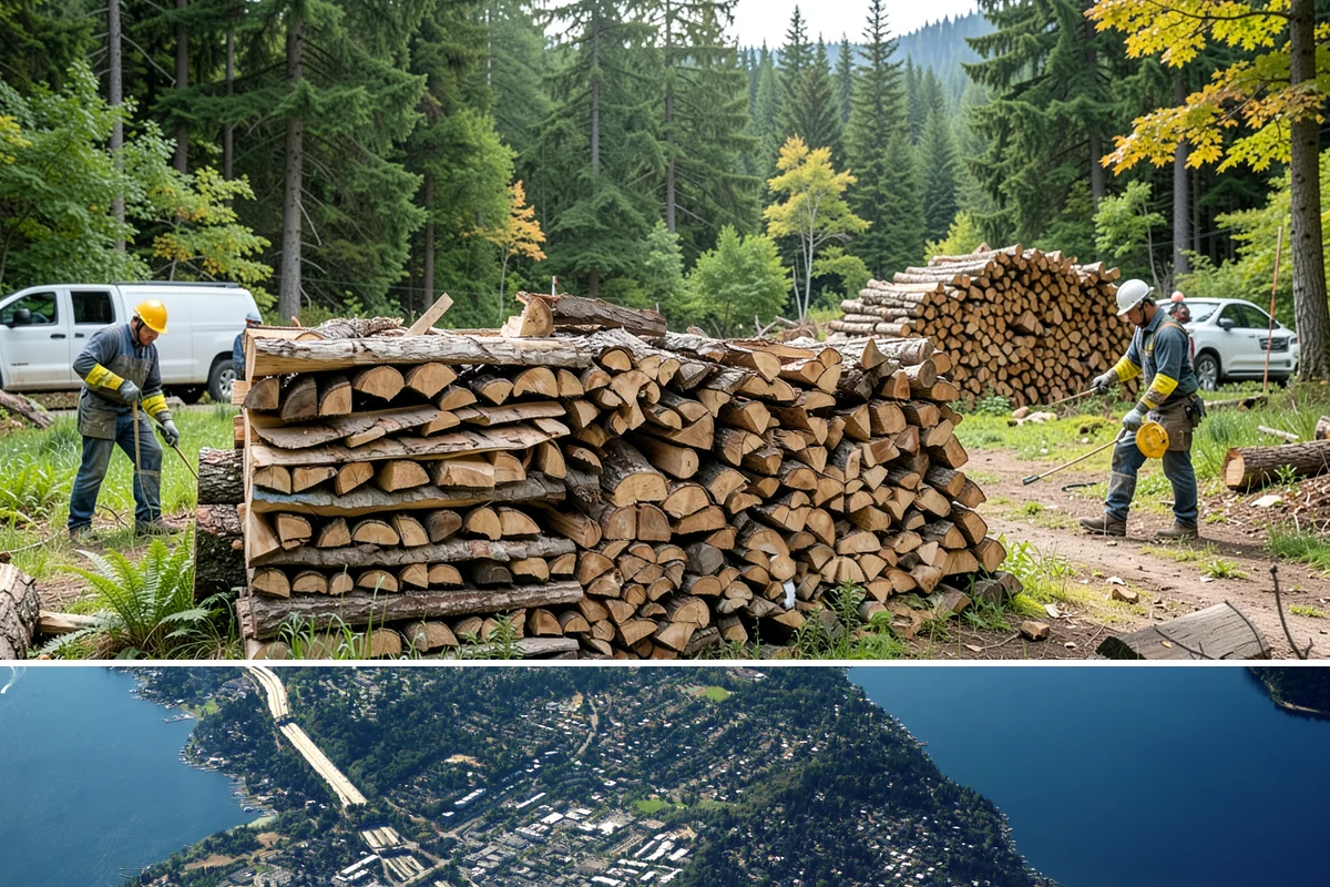Wood Chip Cleanup in Mercer Island, King County, WA - Anytime after a big splitting session, with spring being popular once winter processing wraps up and the ground firms.