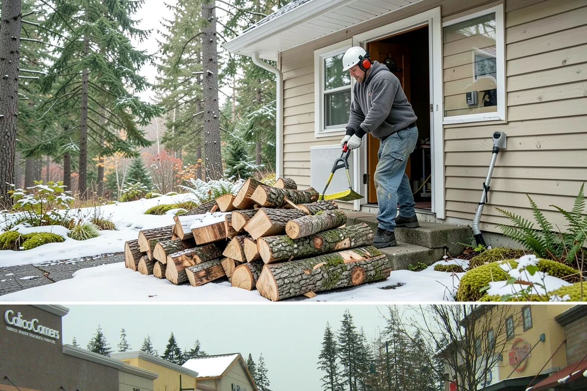 Wood Chip Cleanup in Mill Creek, Snohomish County, WA - Anytime after a big splitting session, with spring being popular once winter processing wraps up and the ground firms.