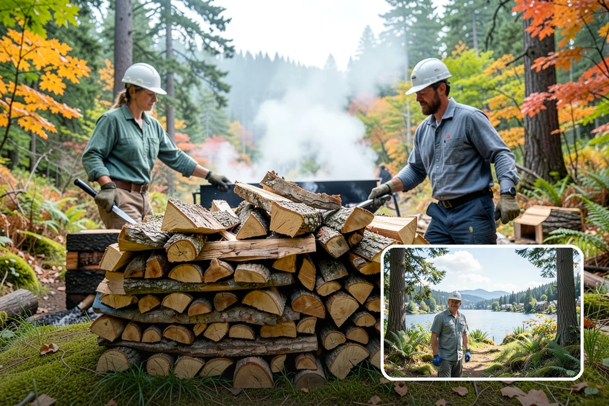 Wood Chip Cleanup in Milton, King County, WA - Clears cluttered splitting zones for safer footing