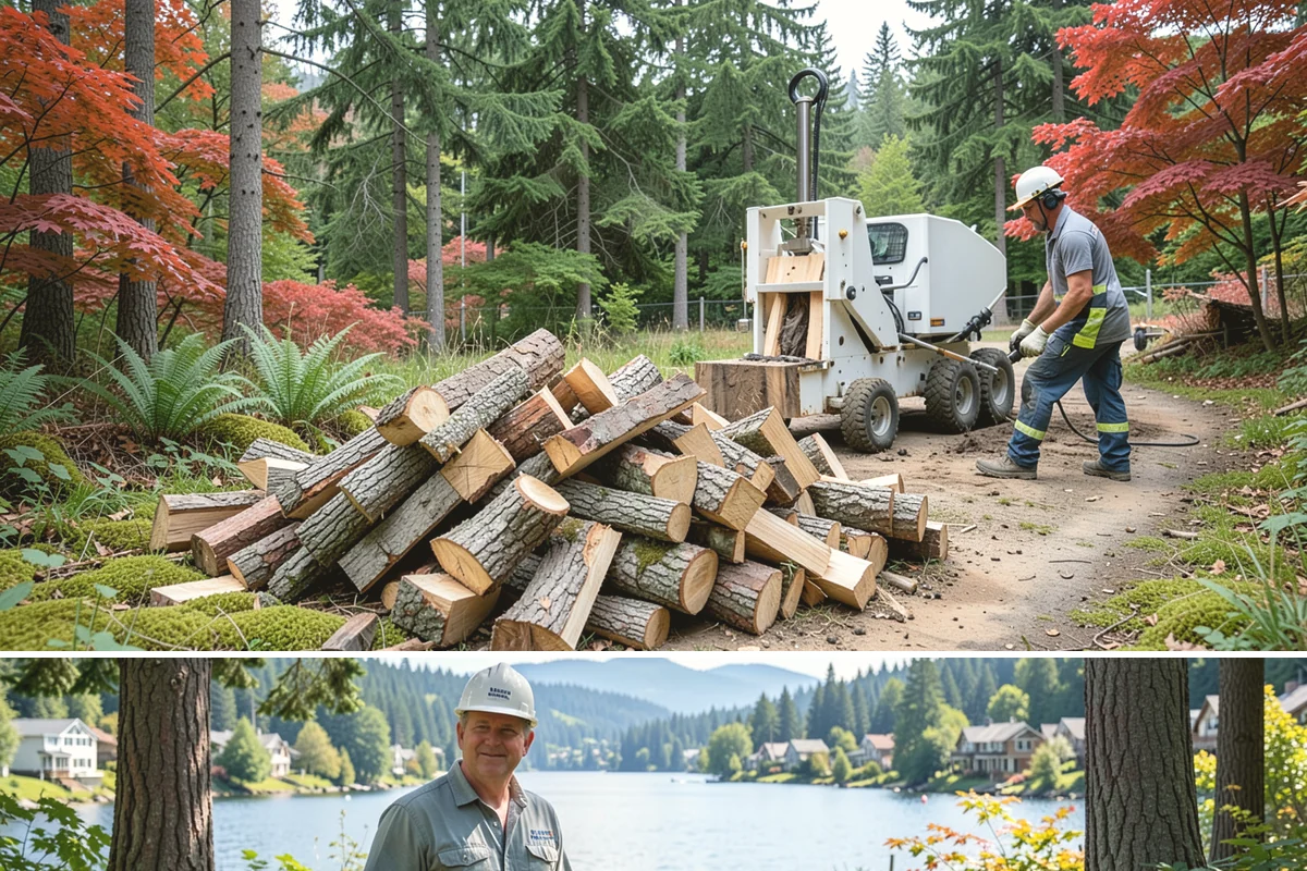 Wood Chip Cleanup in Milton, King County, WA - Anytime after a big splitting session, with spring being popular once winter processing wraps up and the ground firms.