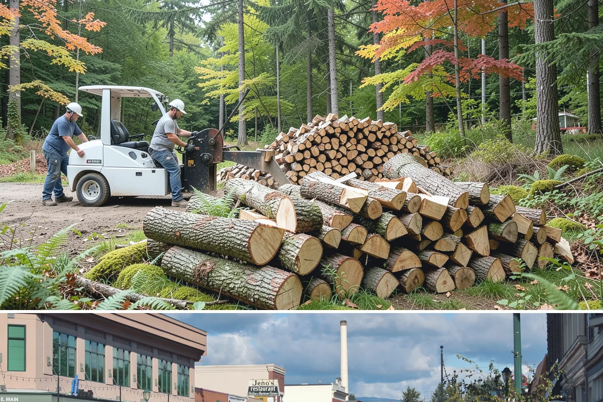 Wood Chip Cleanup in Monroe, Snohomish County, WA - Anytime after a big splitting session, with spring being popular once winter processing wraps up and the ground firms.