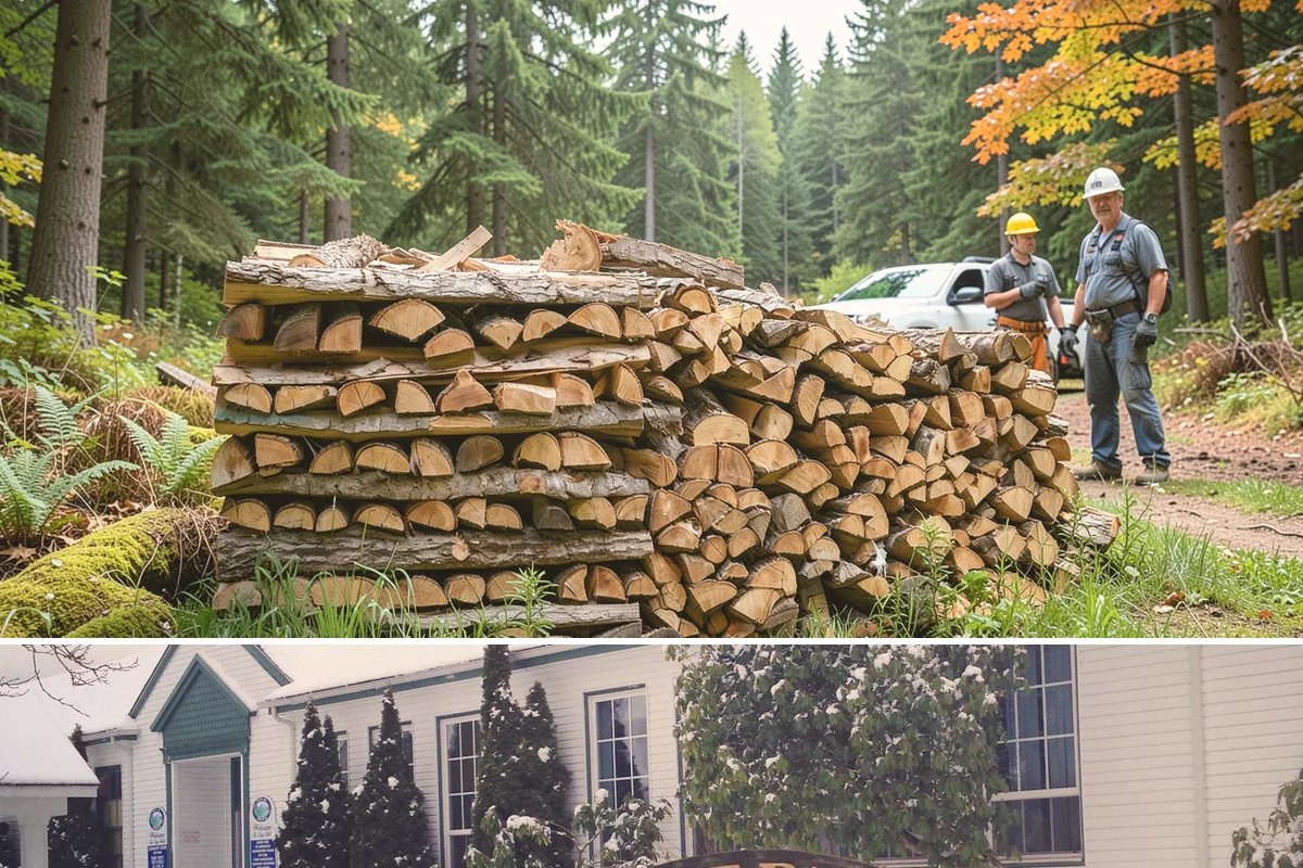 Wood Chip Cleanup in Pacific, King County, WA - Anytime after a big splitting session, with spring being popular once winter processing wraps up and the ground firms.