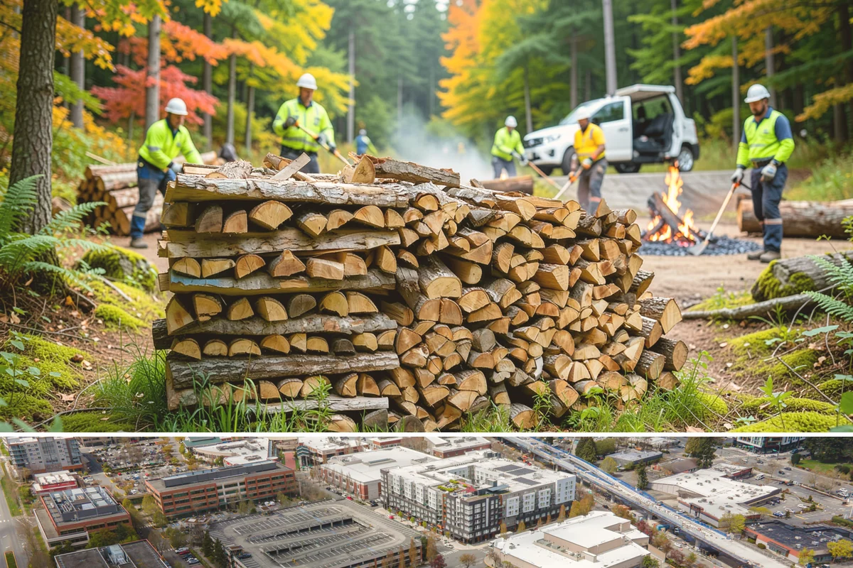 Wood Chip Cleanup in Redmond, King County, WA - Anytime after a big splitting session, with spring being popular once winter processing wraps up and the ground firms.