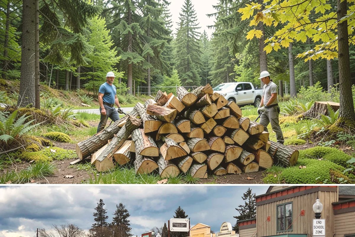 Wood Chip Cleanup in Roy, Pierce County, WA - Anytime after a big splitting session, with spring being popular once winter processing wraps up and the ground firms.