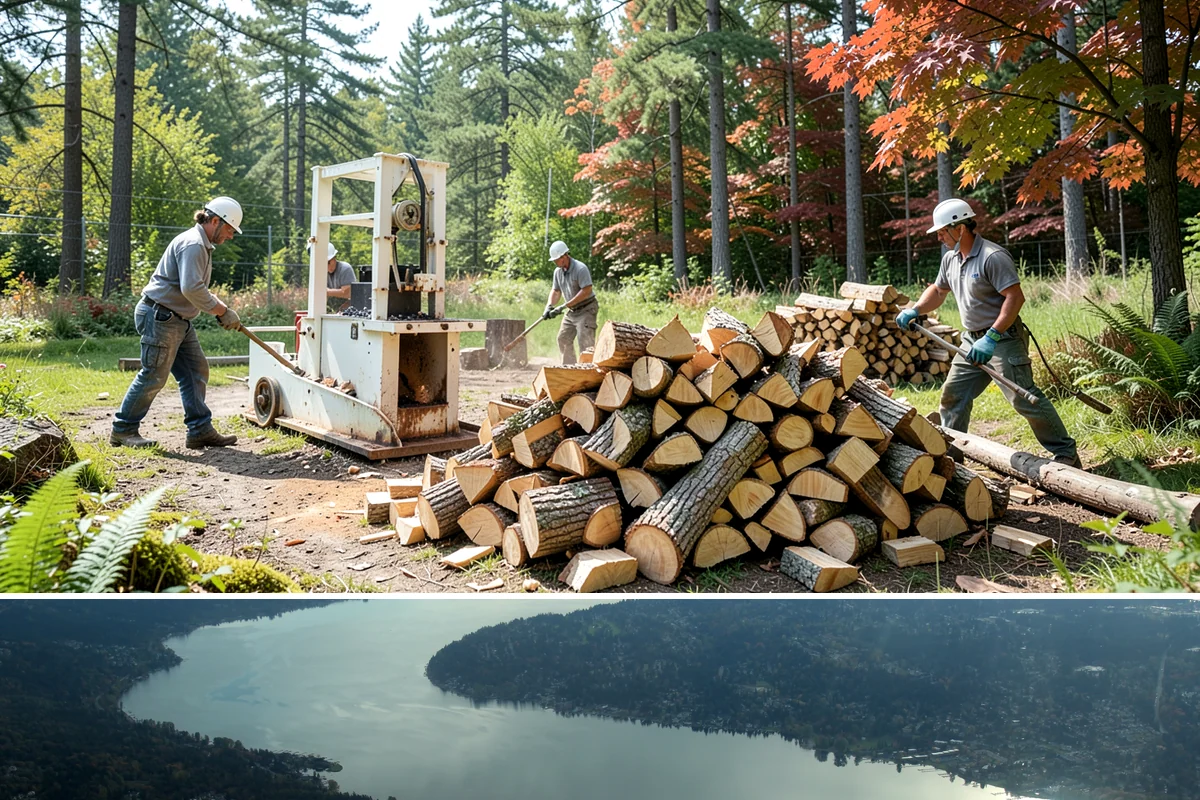Wood Chip Cleanup in Sammamish, King County, WA - Anytime after a big splitting session, with spring being popular once winter processing wraps up and the ground firms.
