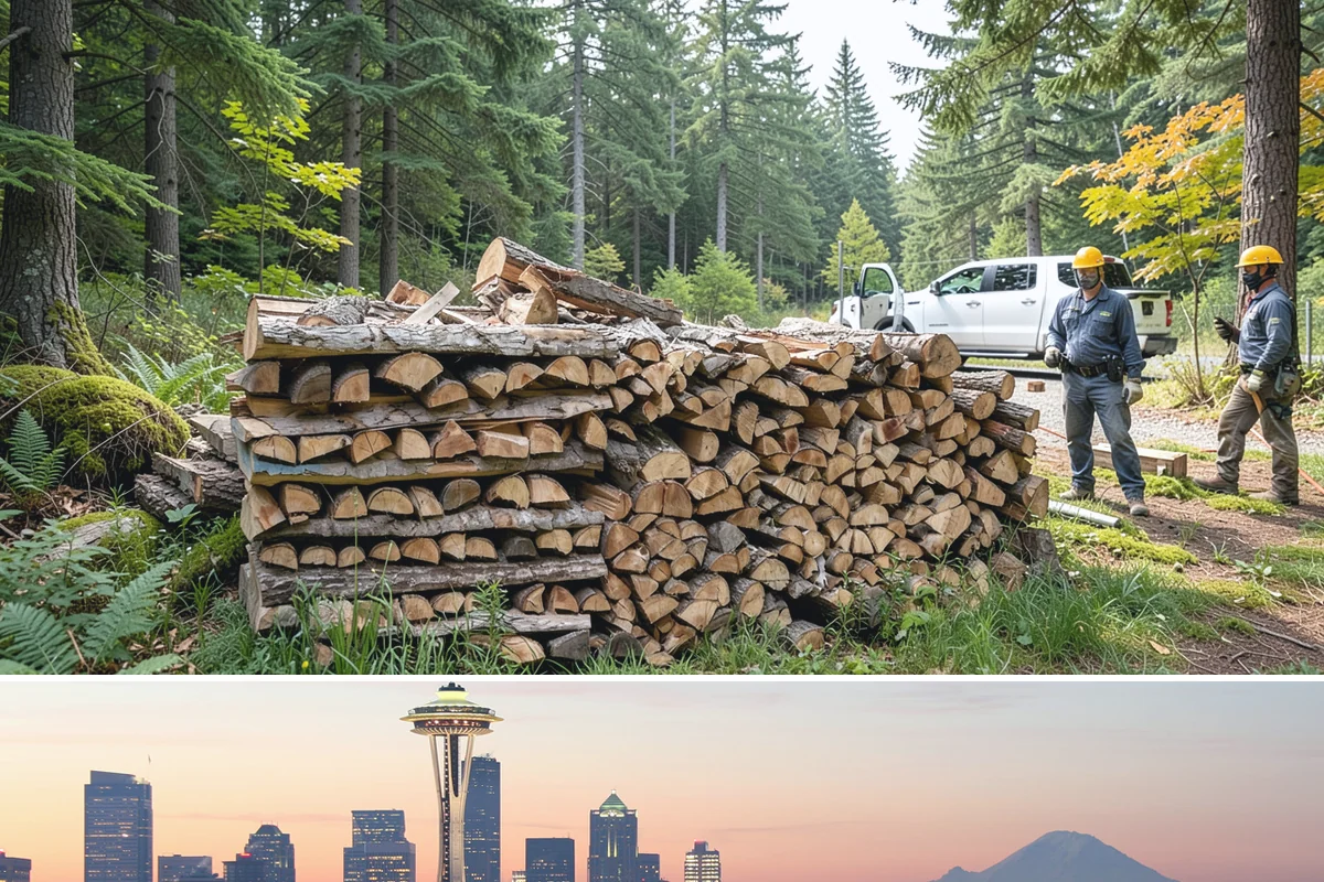 Wood Chip Cleanup in Seattle, King County, WA - Anytime after a big splitting session, with spring being popular once winter processing wraps up and the ground firms.