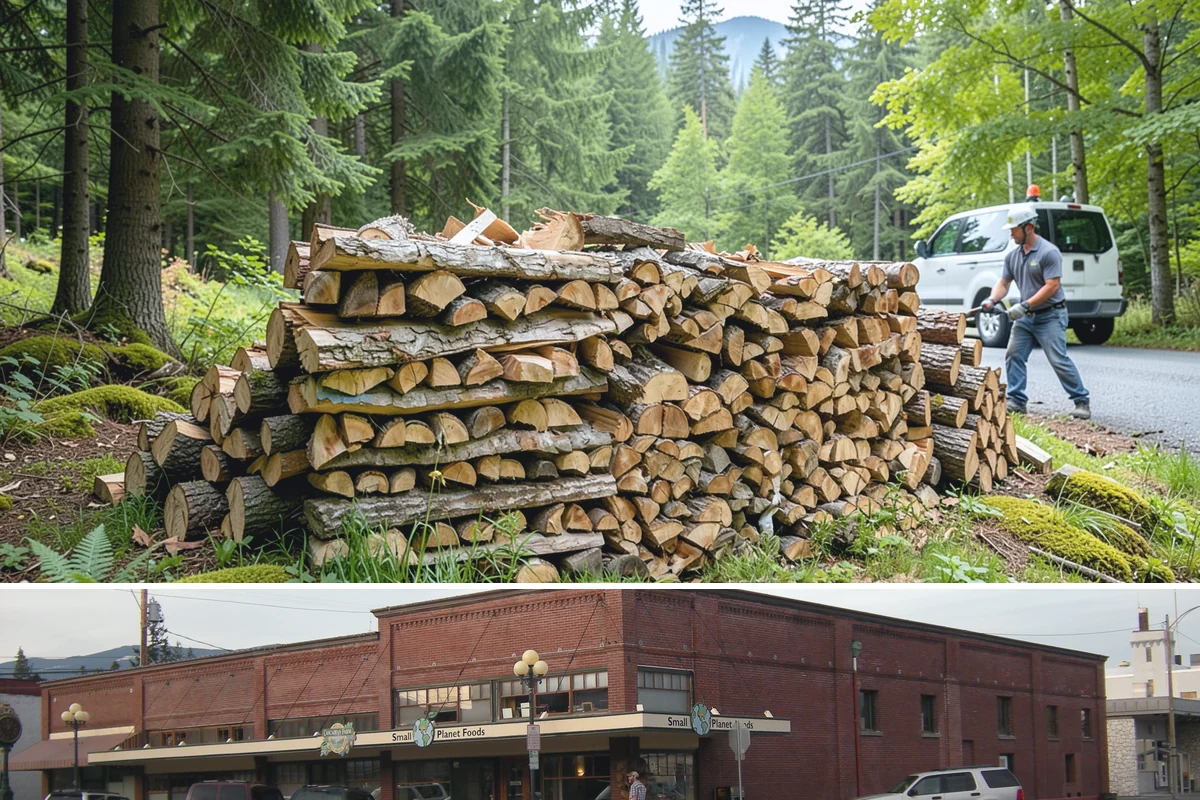 Wood Chip Cleanup in Sedro-Woolley, Skagit County, WA - Anytime after a big splitting session, with spring being popular once winter processing wraps up and the ground firms.