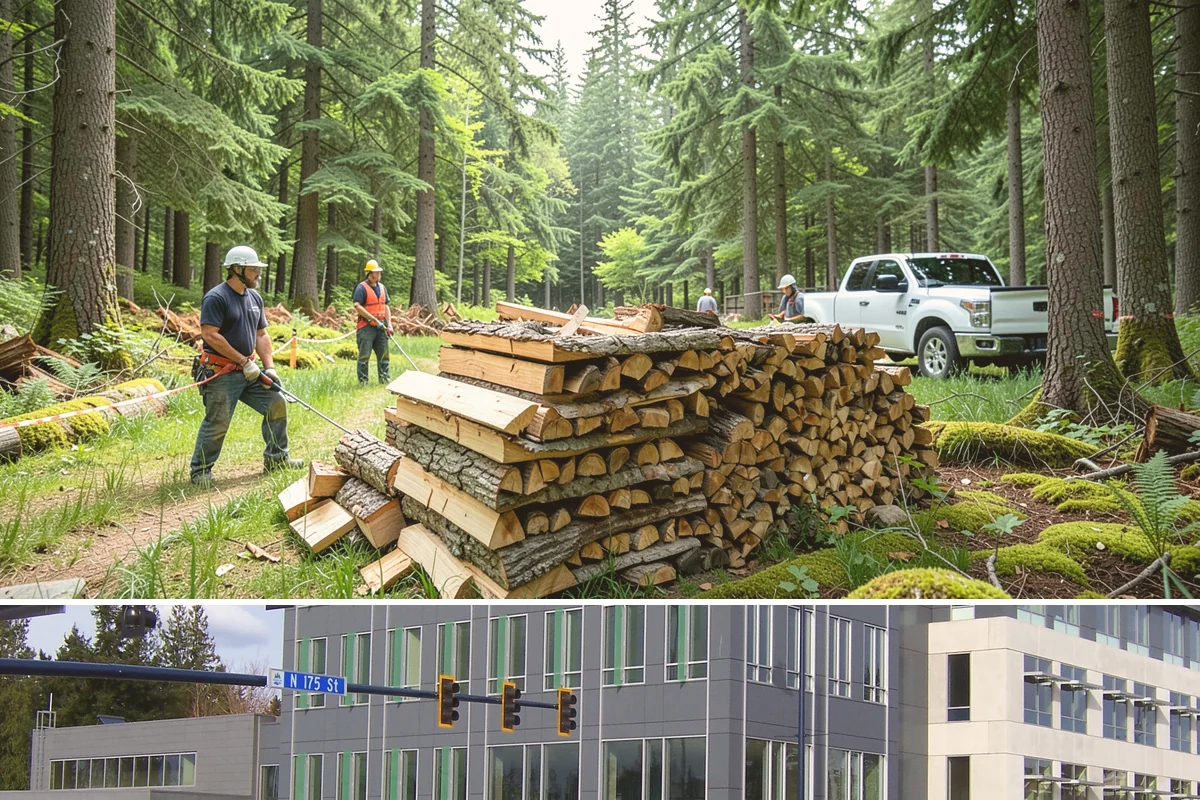 Wood Chip Cleanup in Shoreline, King County, WA - Anytime after a big splitting session, with spring being popular once winter processing wraps up and the ground firms.