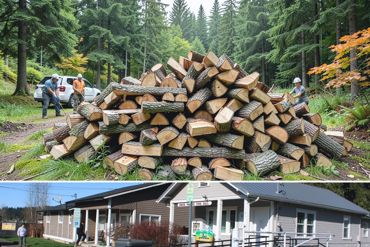 Wood Chip Cleanup in South Prairie, Pierce County, WA - Anytime after a big splitting session, with spring being popular once winter processing wraps up and the ground firms.