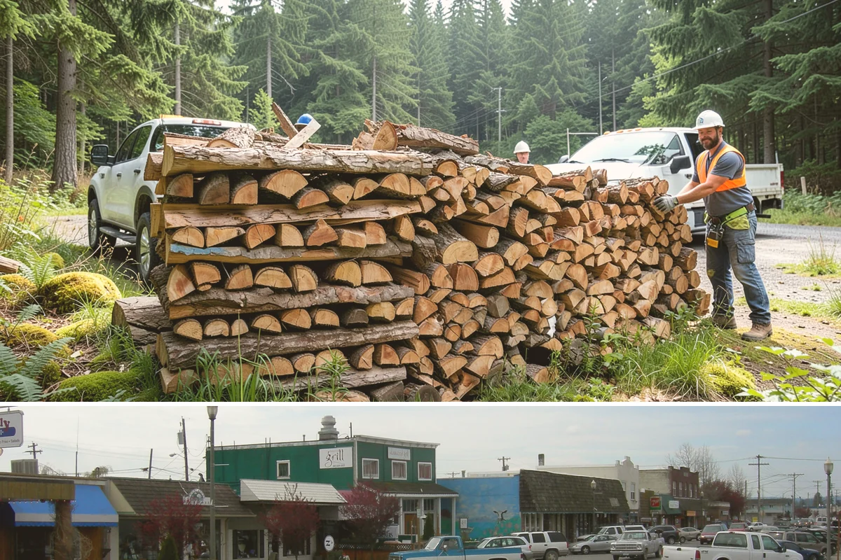 Wood Chip Cleanup in Stanwood, Snohomish County, WA - Anytime after a big splitting session, with spring being popular once winter processing wraps up and the ground firms.