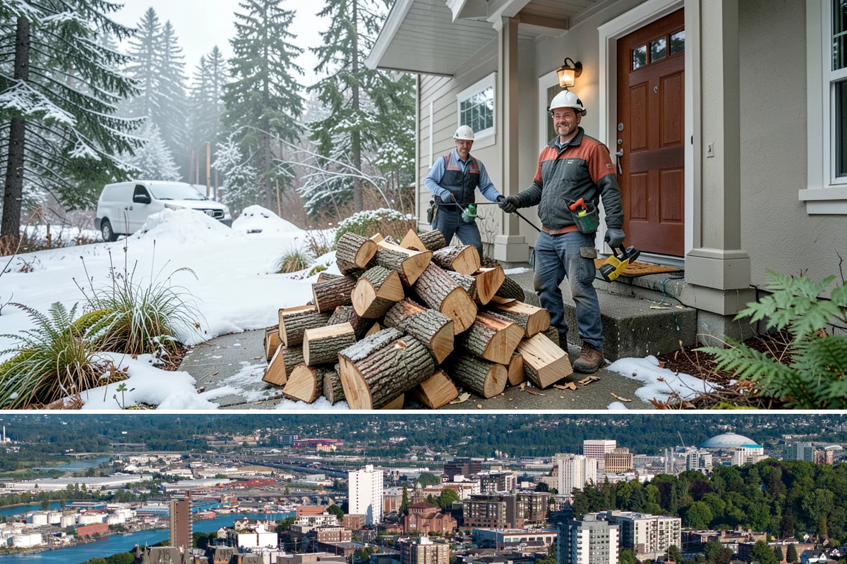 Wood Chip Cleanup in Tacoma, Pierce County, WA - Anytime after a big splitting session, with spring being popular once winter processing wraps up and the ground firms.