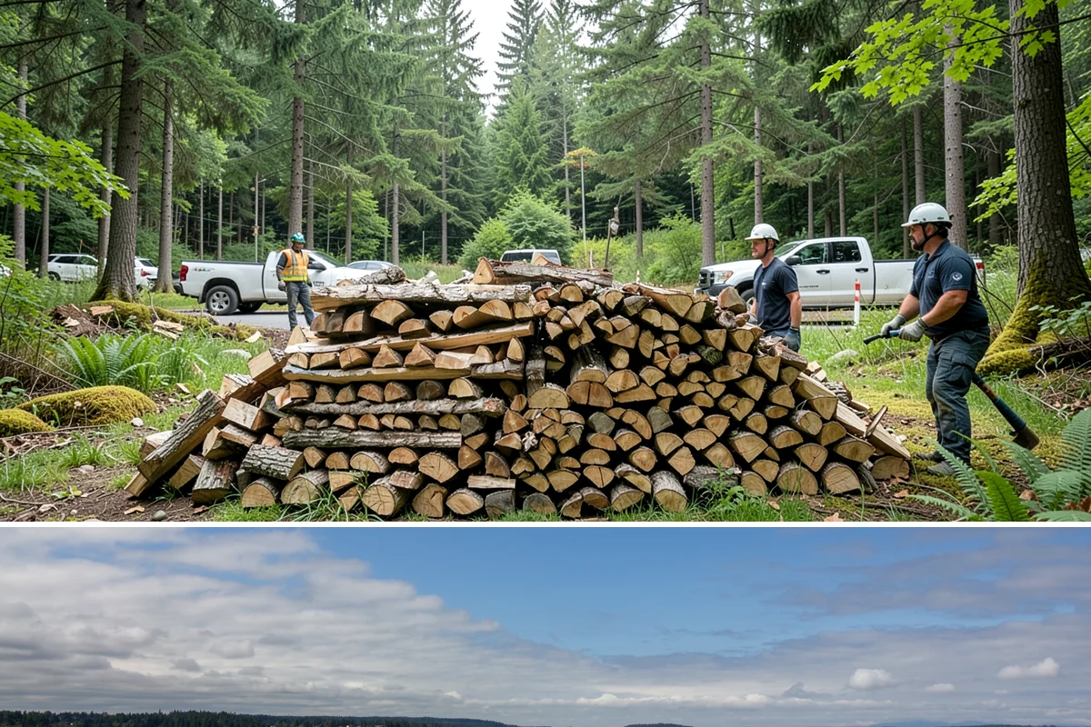 Wood Chip Cleanup in University Place, Pierce County, WA - Anytime after a big splitting session, with spring being popular once winter processing wraps up and the ground firms.