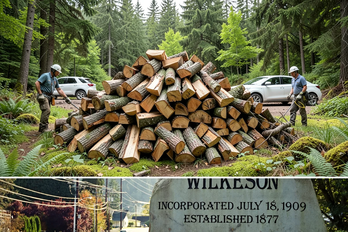 Wood Chip Cleanup in Wilkeson, Pierce County, WA - Anytime after a big splitting session, with spring being popular once winter processing wraps up and the ground firms.