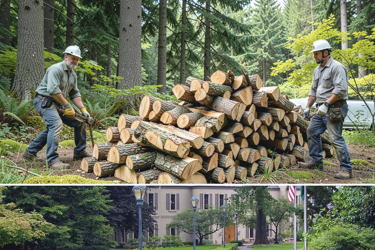 Wood Chip Cleanup in Woodinville, King County, WA - Anytime after a big splitting session, with spring being popular once winter processing wraps up and the ground firms.