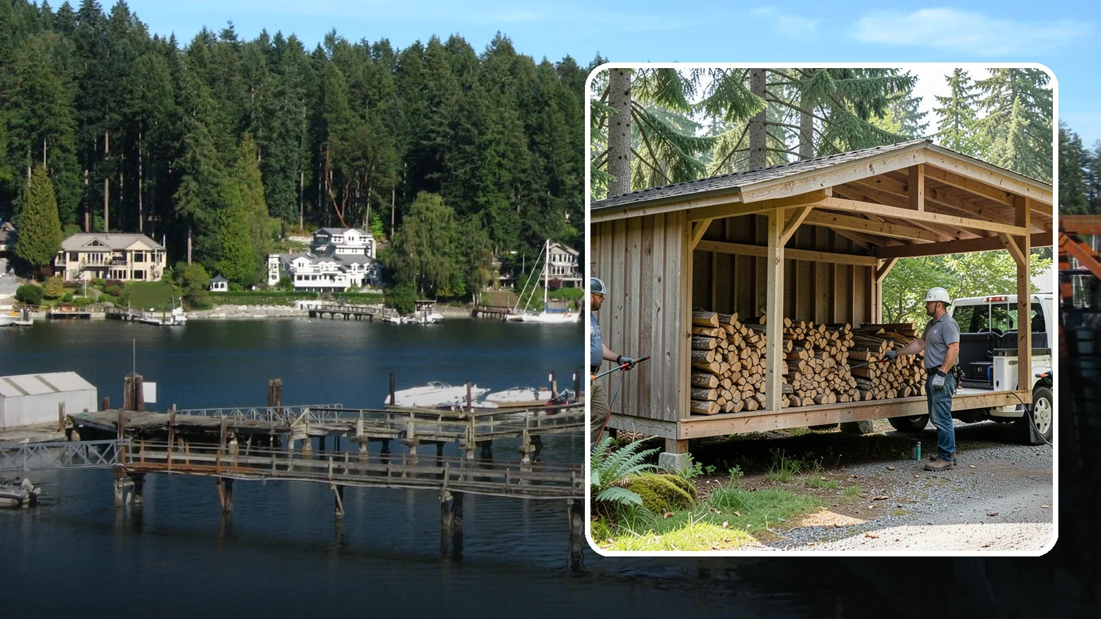 Woodshed Delivery in Gig Harbor, Pierce County, WA - Firewood delivered and loaded straight into your woodshed for organized, covered storage.
