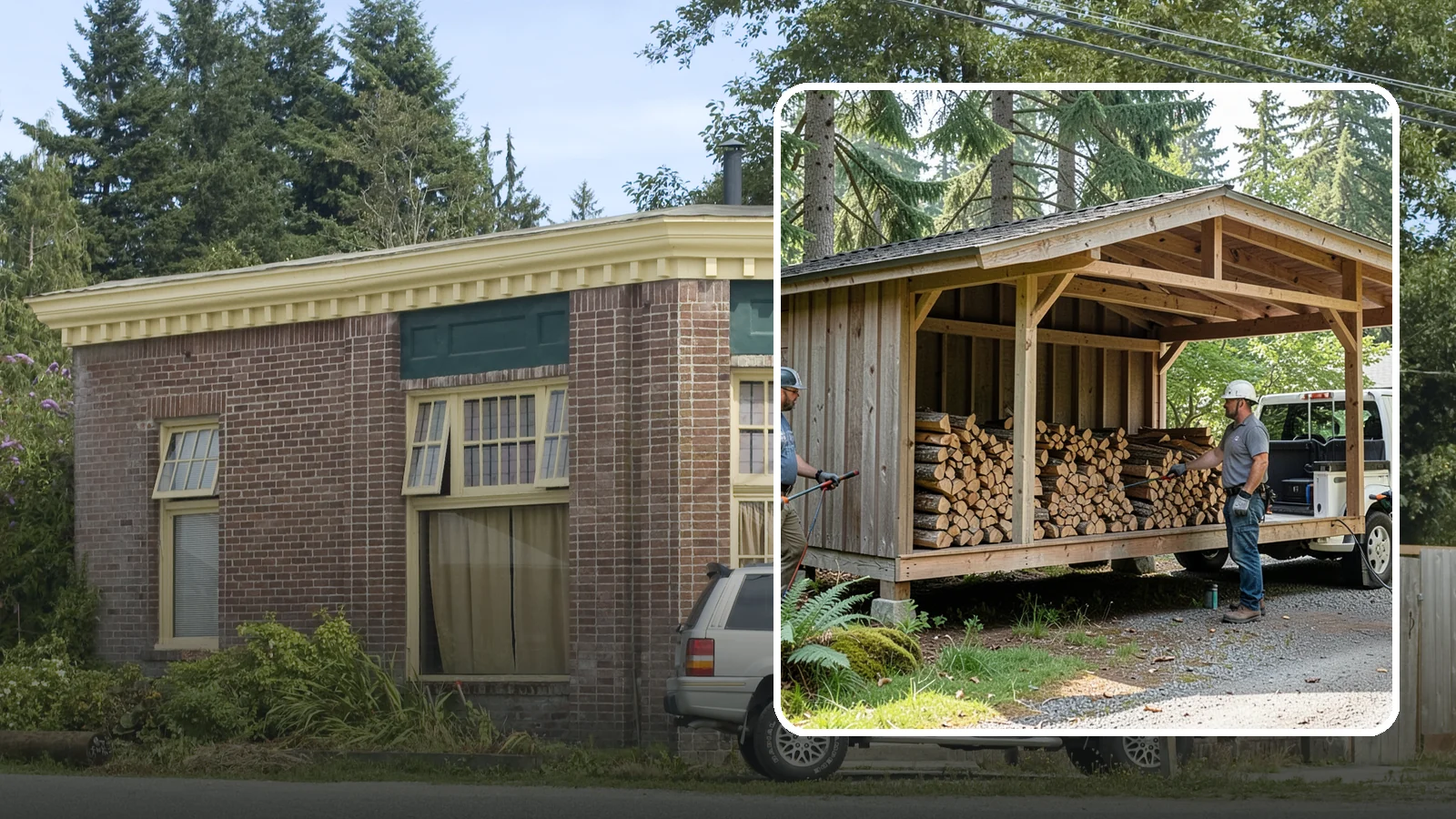 Woodshed Delivery in Hamilton, Skagit County, WA - Firewood delivered and loaded straight into your woodshed for organized, covered storage.