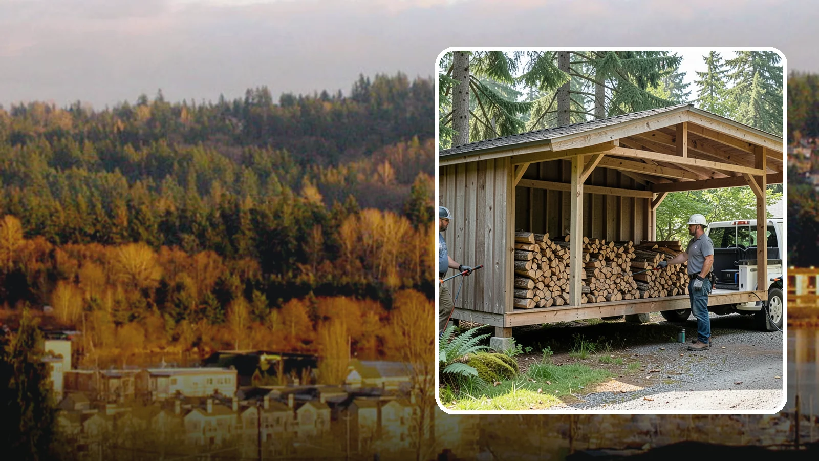 Woodshed Delivery in Kenmore, King County, WA - Firewood delivered and loaded straight into your woodshed for organized, covered storage.