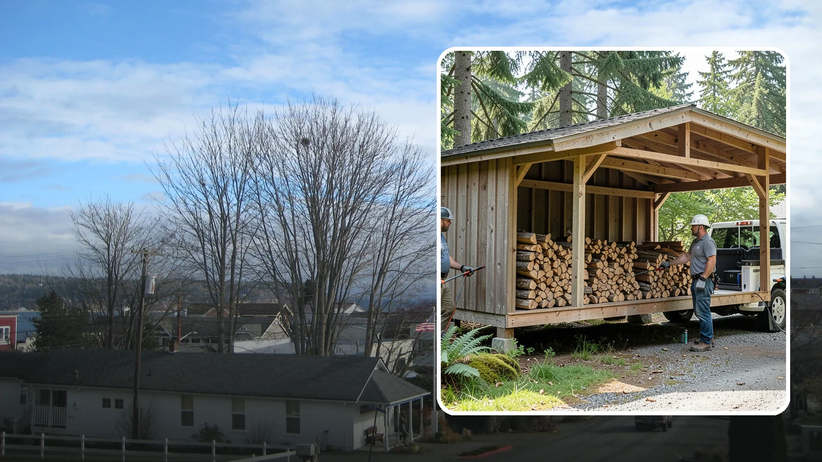 Woodshed Delivery in Langley, Island County, WA - Firewood delivered and loaded straight into your woodshed for organized, covered storage.