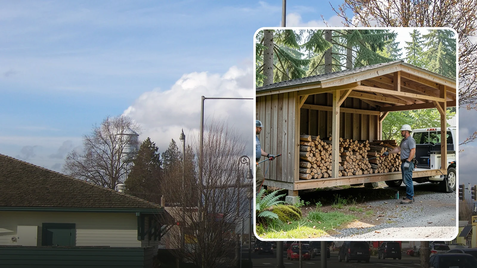 Woodshed Delivery in Marysville, Snohomish County, WA - Firewood delivered and loaded straight into your woodshed for organized, covered storage.