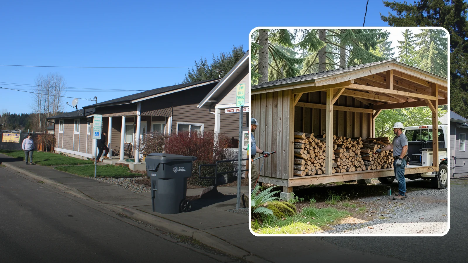 Woodshed Delivery in South Prairie, Pierce County, WA - Firewood delivered and loaded straight into your woodshed for organized, covered storage.