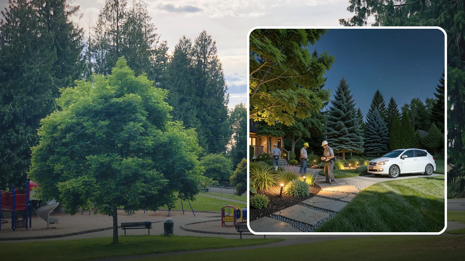 Accent Lighting in Bonney Lake, Pierce County, WA - Dramatic accent and uplighting that showcases trees, features, and architecture after dark.
