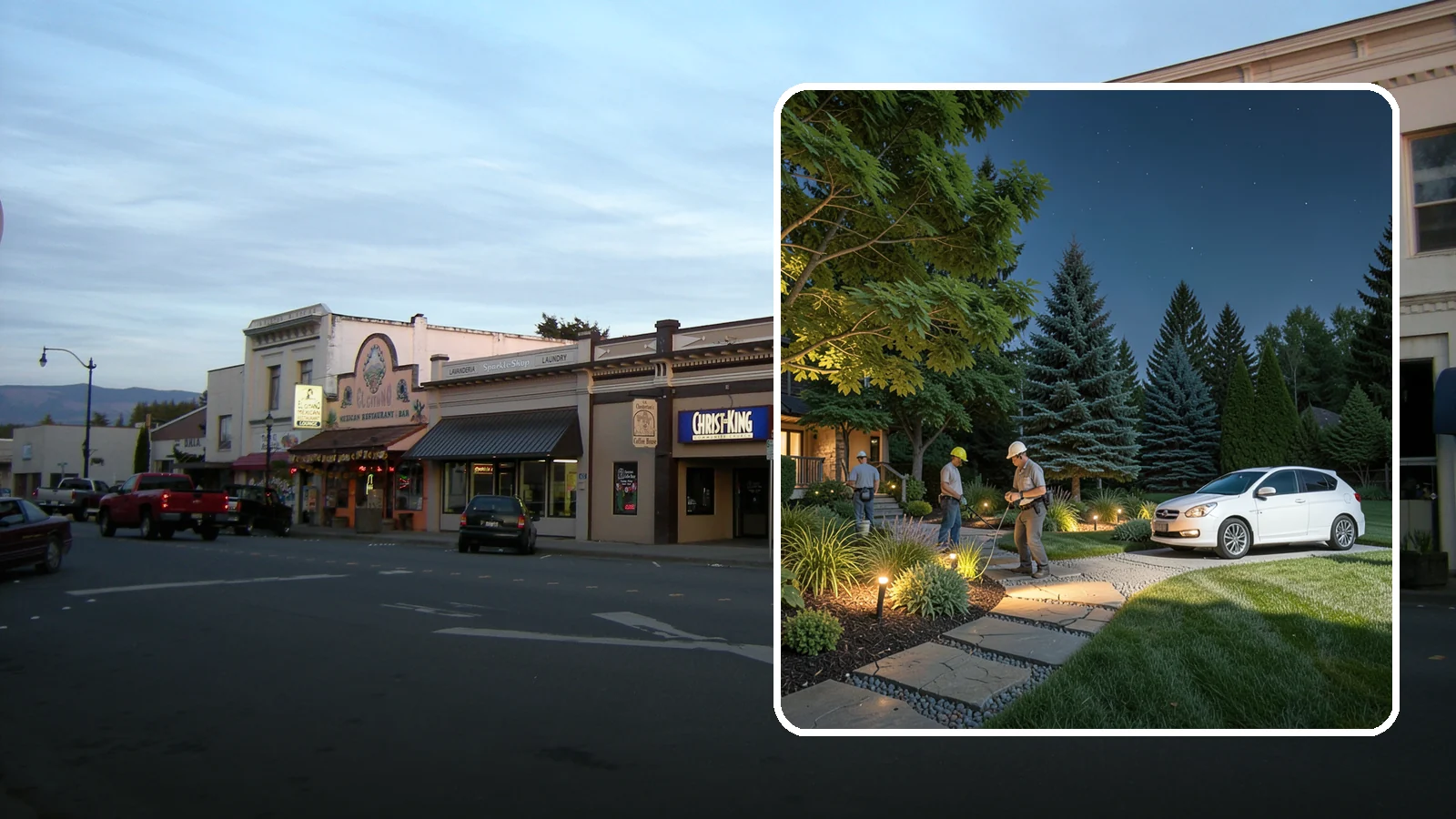 Accent Lighting in Burlington, Skagit County, WA - Dramatic accent and uplighting that showcases trees, features, and architecture after dark.
