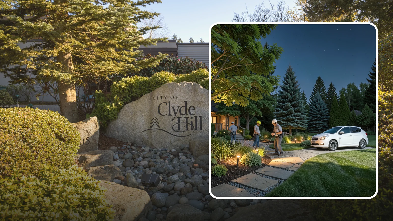 Accent Lighting in Clyde Hill, King County, WA - Dramatic accent and uplighting that showcases trees, features, and architecture after dark.