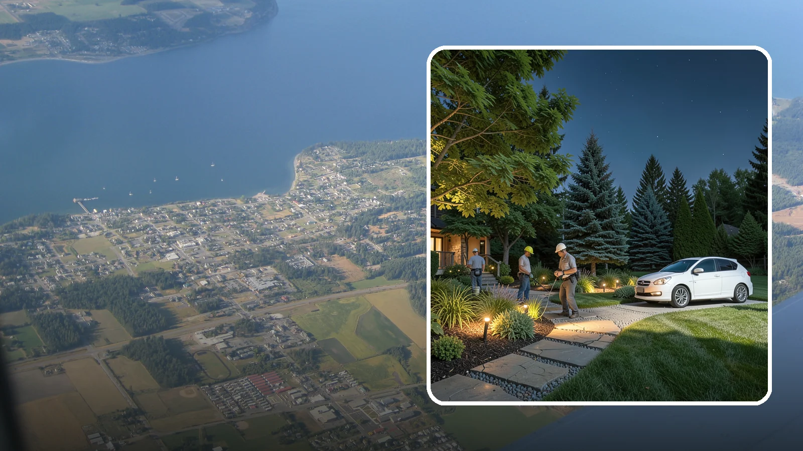 Accent Lighting in Coupeville, Island County, WA - Dramatic accent and uplighting that showcases trees, features, and architecture after dark.