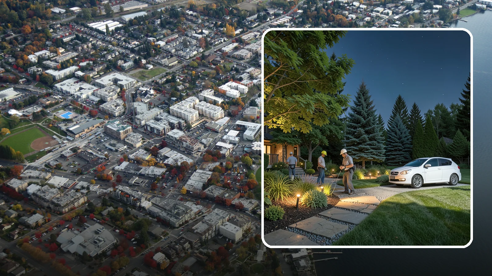 Accent Lighting in Kirkland, King County, WA - Dramatic accent and uplighting that showcases trees, features, and architecture after dark.