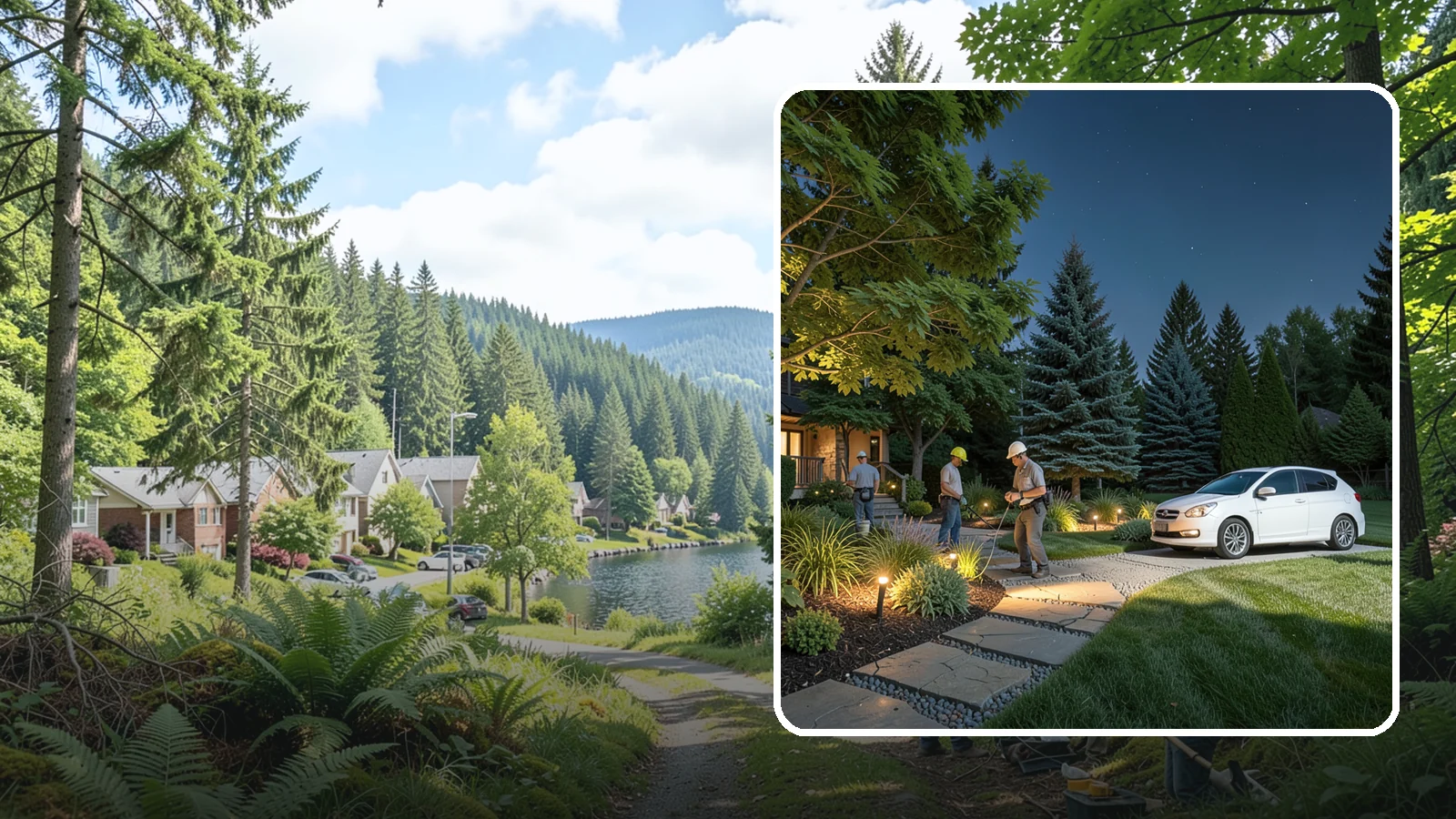Accent Lighting in Lake Forest Park, King County, WA - Dramatic accent and uplighting that showcases trees, features, and architecture after dark.