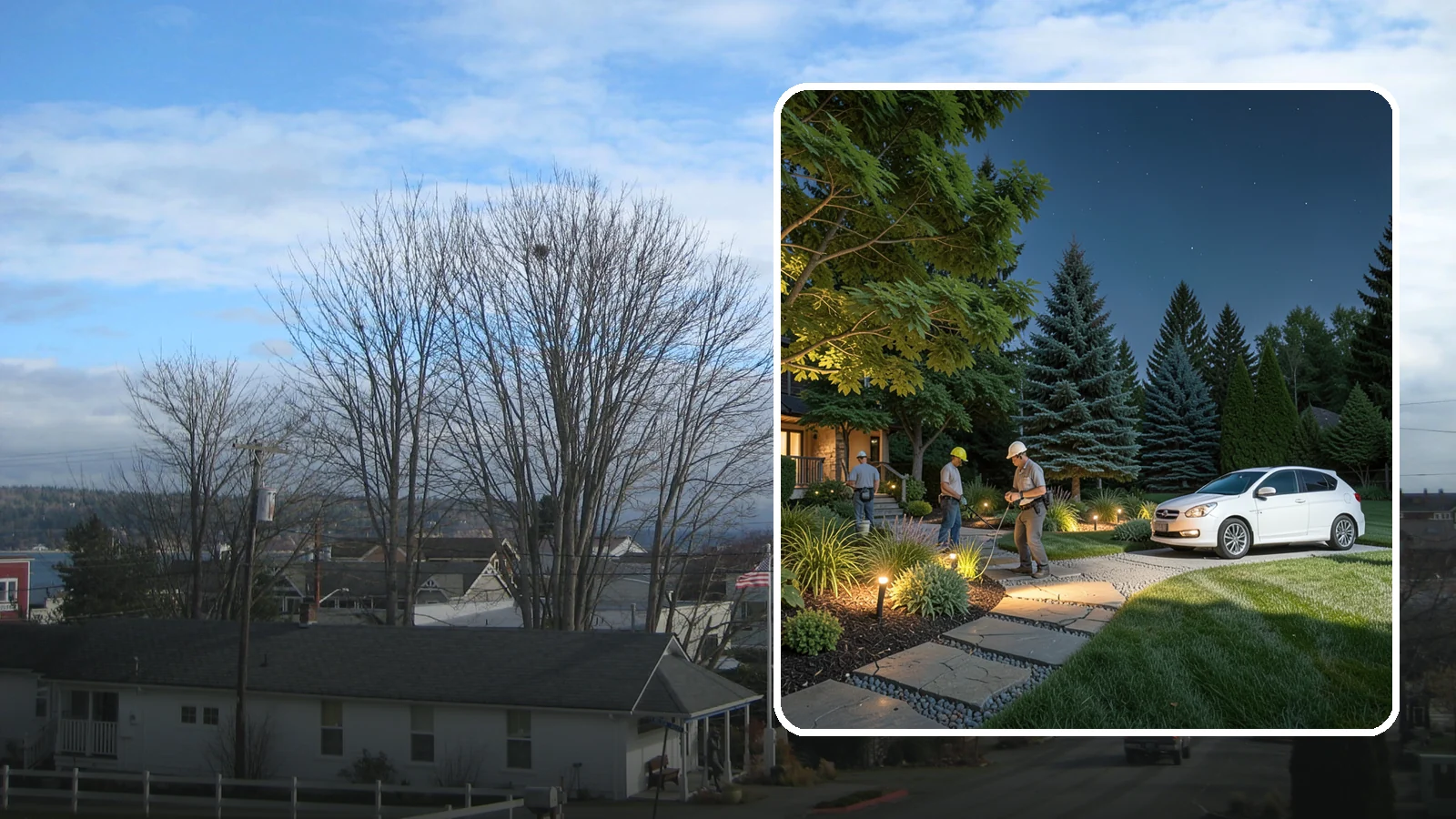 Accent Lighting in Langley, Island County, WA - Dramatic accent and uplighting that showcases trees, features, and architecture after dark.