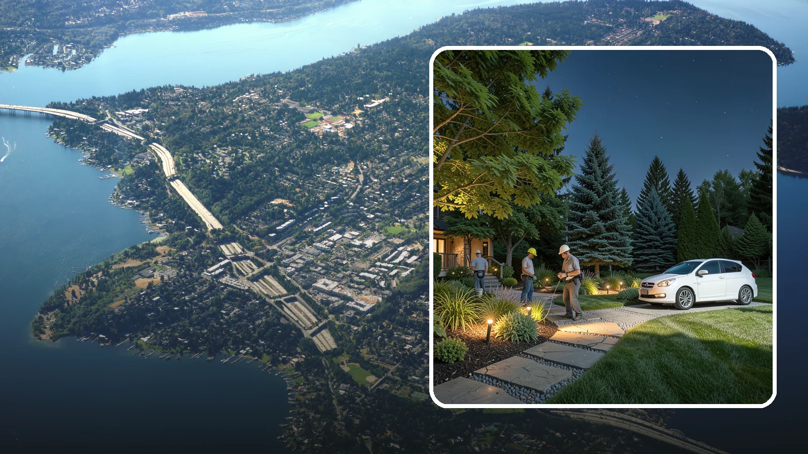 Accent Lighting in Mercer Island, King County, WA - Dramatic accent and uplighting that showcases trees, features, and architecture after dark.