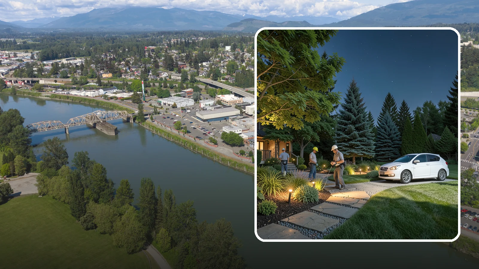 Accent Lighting in Mount Vernon, Skagit County, WA - Dramatic accent and uplighting that showcases trees, features, and architecture after dark.