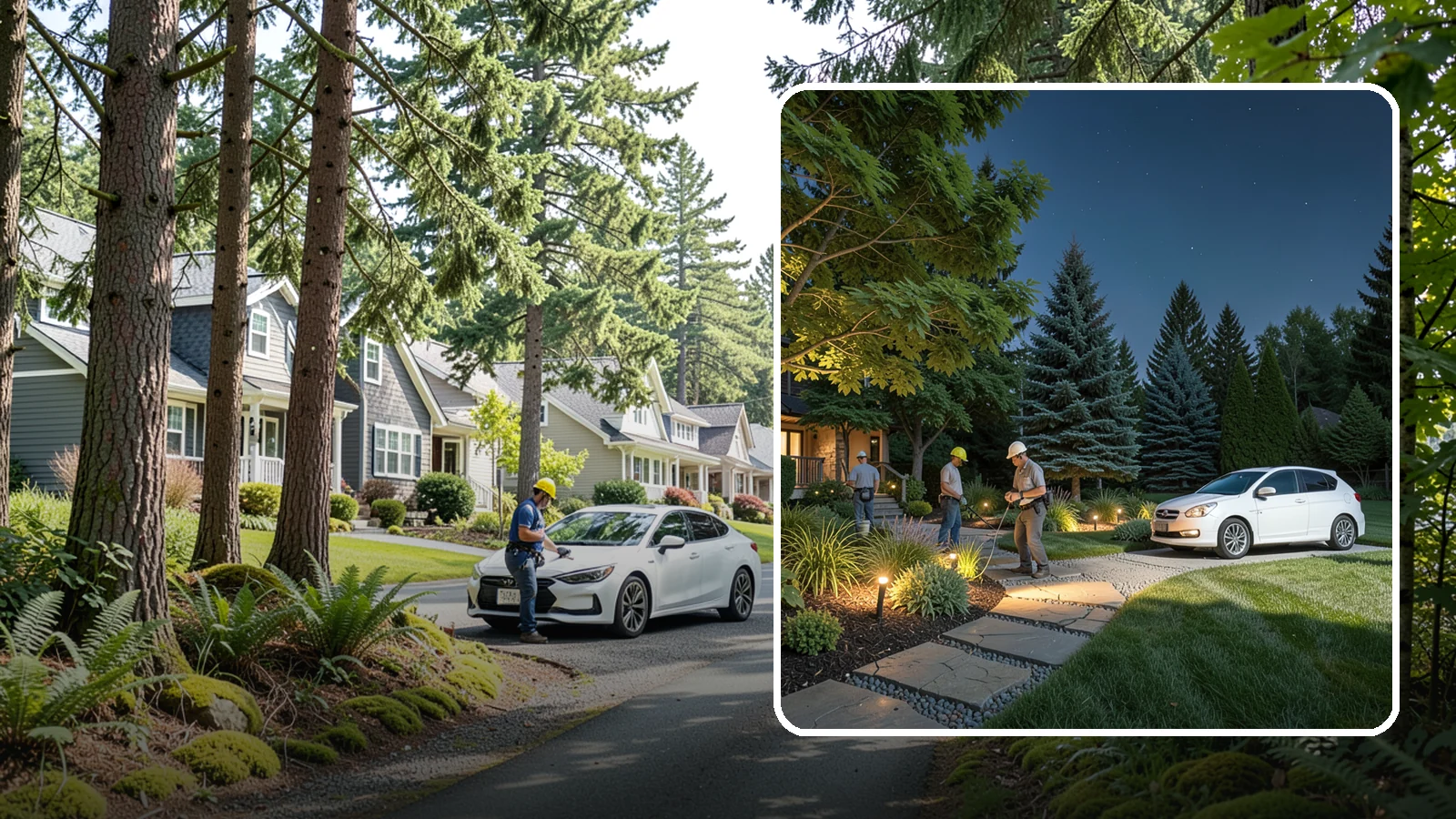 Accent Lighting in Normandy Park, King County, WA - Dramatic accent and uplighting that showcases trees, features, and architecture after dark.