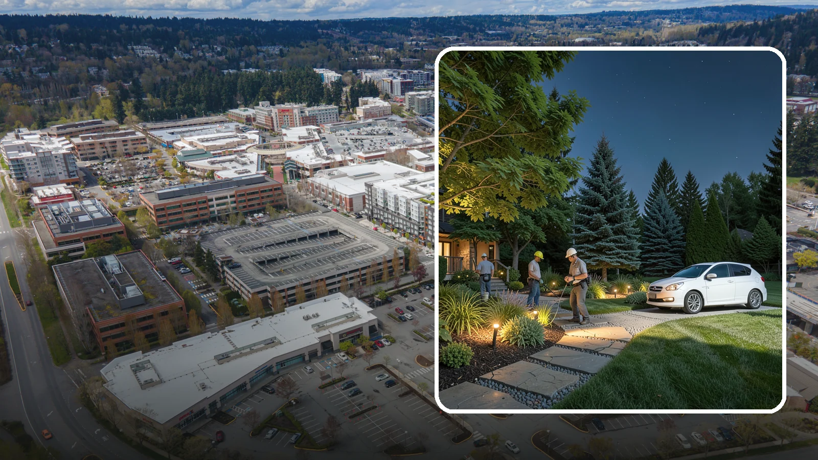 Accent Lighting in Redmond, King County, WA - Dramatic accent and uplighting that showcases trees, features, and architecture after dark.