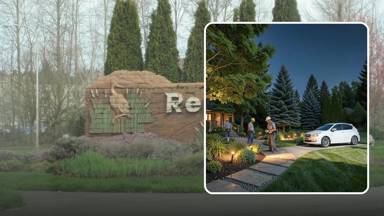 Accent Lighting in Renton, King County, WA - Dramatic accent and uplighting that showcases trees, features, and architecture after dark.