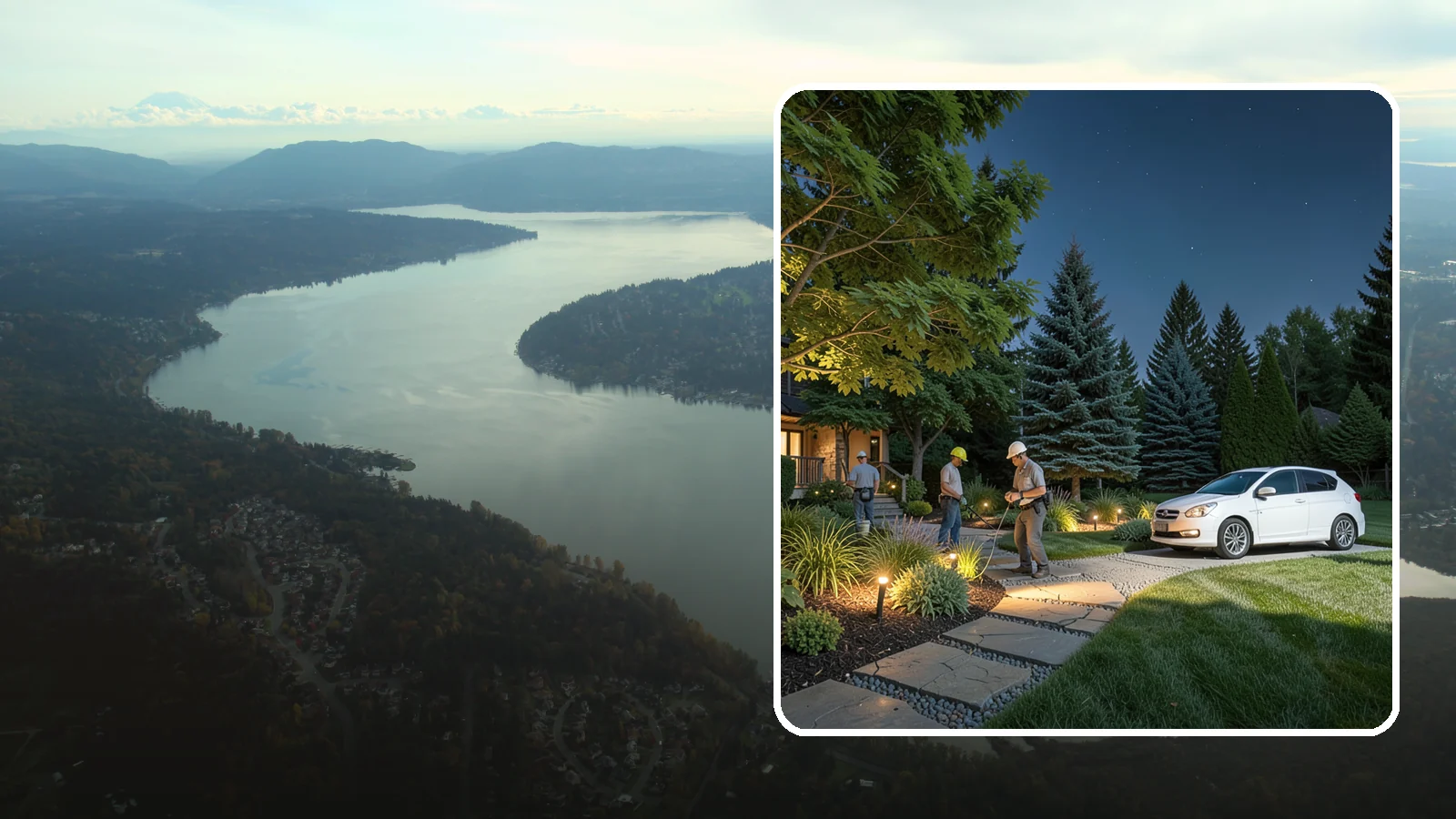 Accent Lighting in Sammamish, King County, WA - Dramatic accent and uplighting that showcases trees, features, and architecture after dark.