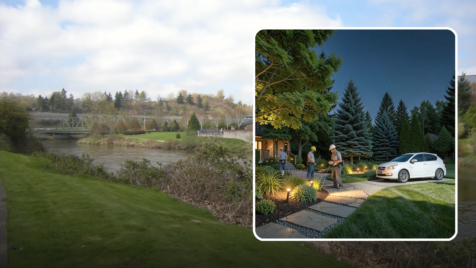 Accent Lighting in Tukwila, King County, WA - Dramatic accent and uplighting that showcases trees, features, and architecture after dark.