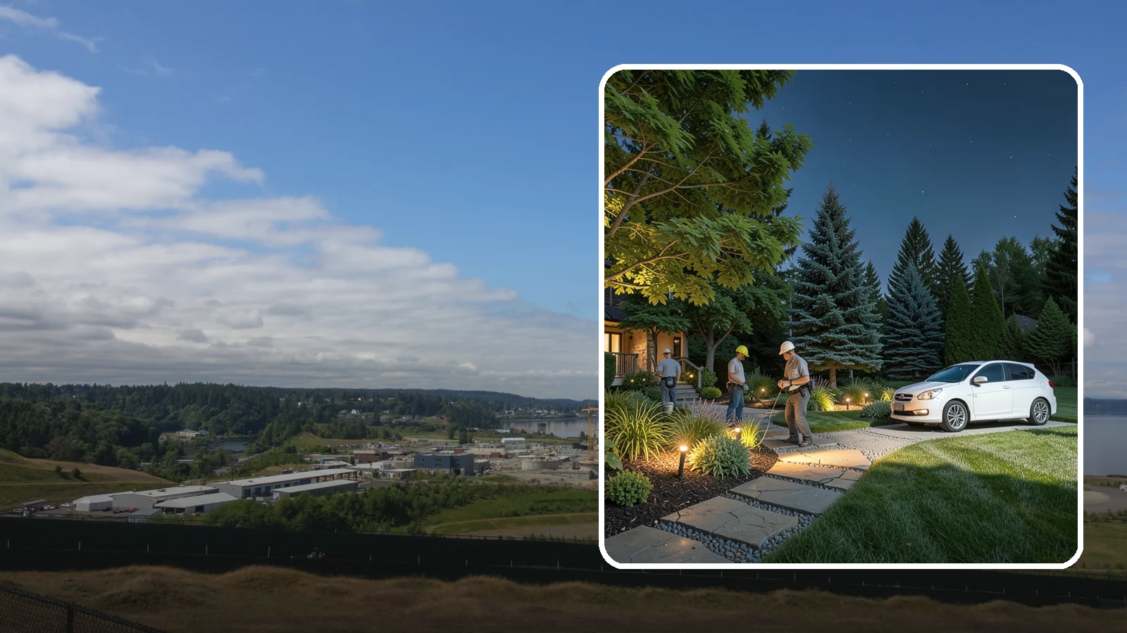 Accent Lighting in University Place, Pierce County, WA - Dramatic accent and uplighting that showcases trees, features, and architecture after dark.