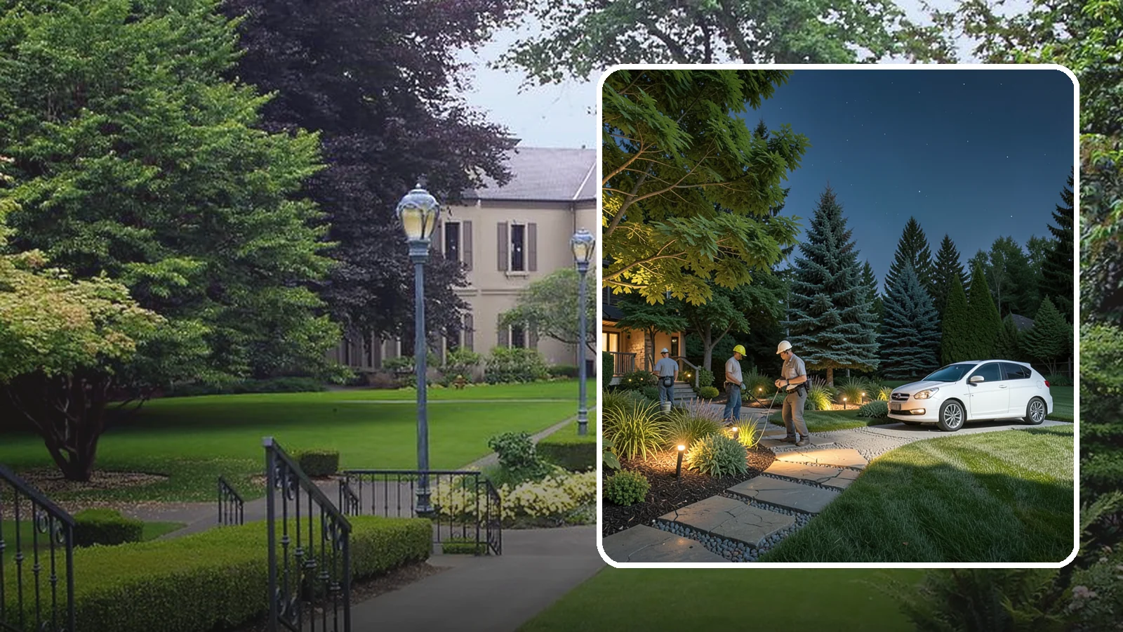 Accent Lighting in Woodinville, King County, WA - Dramatic accent and uplighting that showcases trees, features, and architecture after dark.