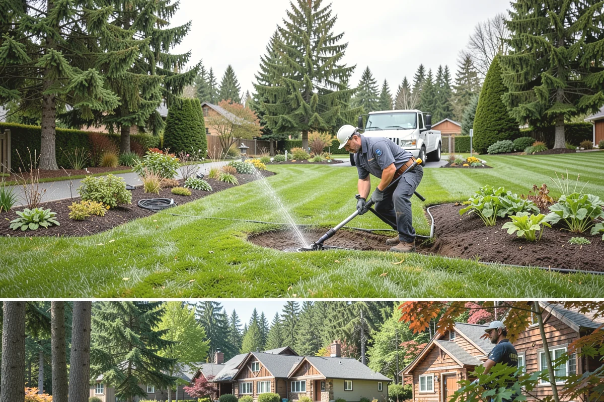 Apartment Landscape Maintenance in Edgewood, Pierce County, WA - Provided year-round on a monthly contract, with frequent growing-season visits and winter service centered on leaf removal, moss...