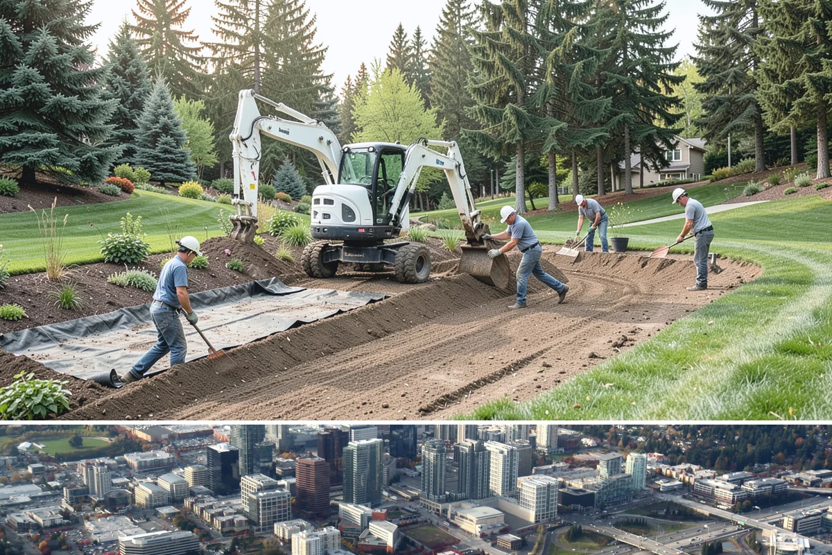 Arborist Wood Chip Installation in Bellevue, King County, WA - Arborist chips can go down any season, but a fall application in the Northwest insulates roots and lets the chips mellow over...