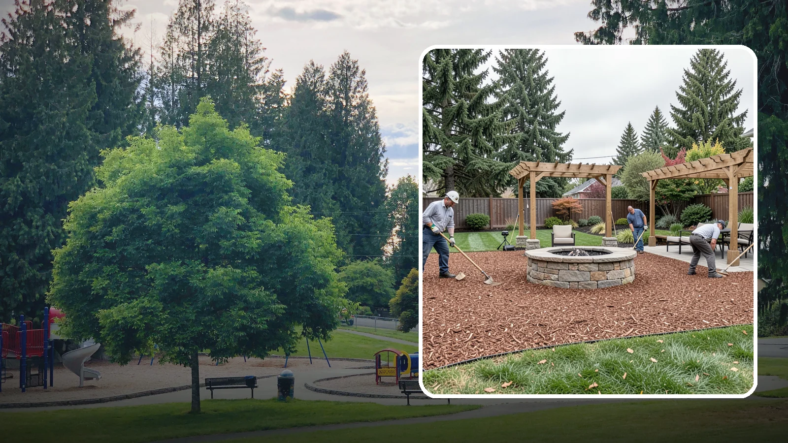 Arborist Wood Chip Installation in Bonney Lake, Pierce County, WA - We install fresh arborist wood chips that build soil naturally and make an economical, sustainable mulch for large areas.
