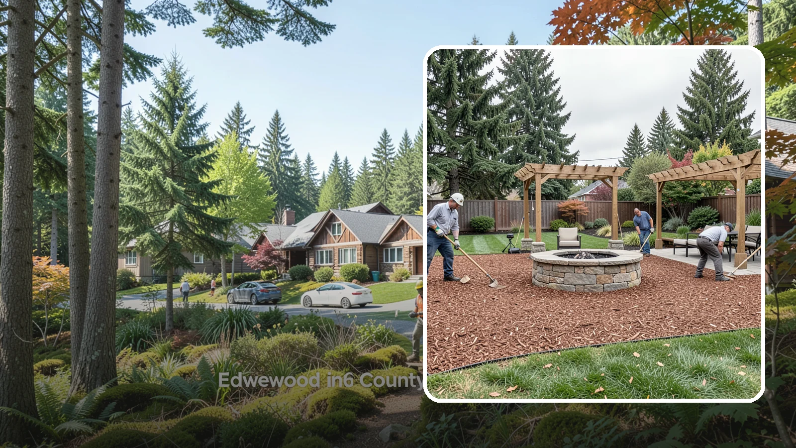 Arborist Wood Chip Installation in Edgewood, Pierce County, WA - We install fresh arborist wood chips that build soil naturally and make an economical, sustainable mulch for large areas.