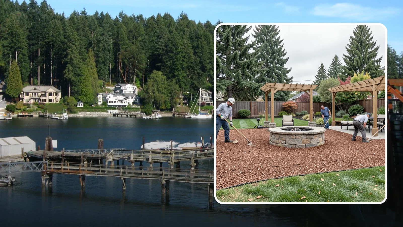 Arborist Wood Chip Installation in Gig Harbor, Pierce County, WA - We install fresh arborist wood chips that build soil naturally and make an economical, sustainable mulch for large areas.