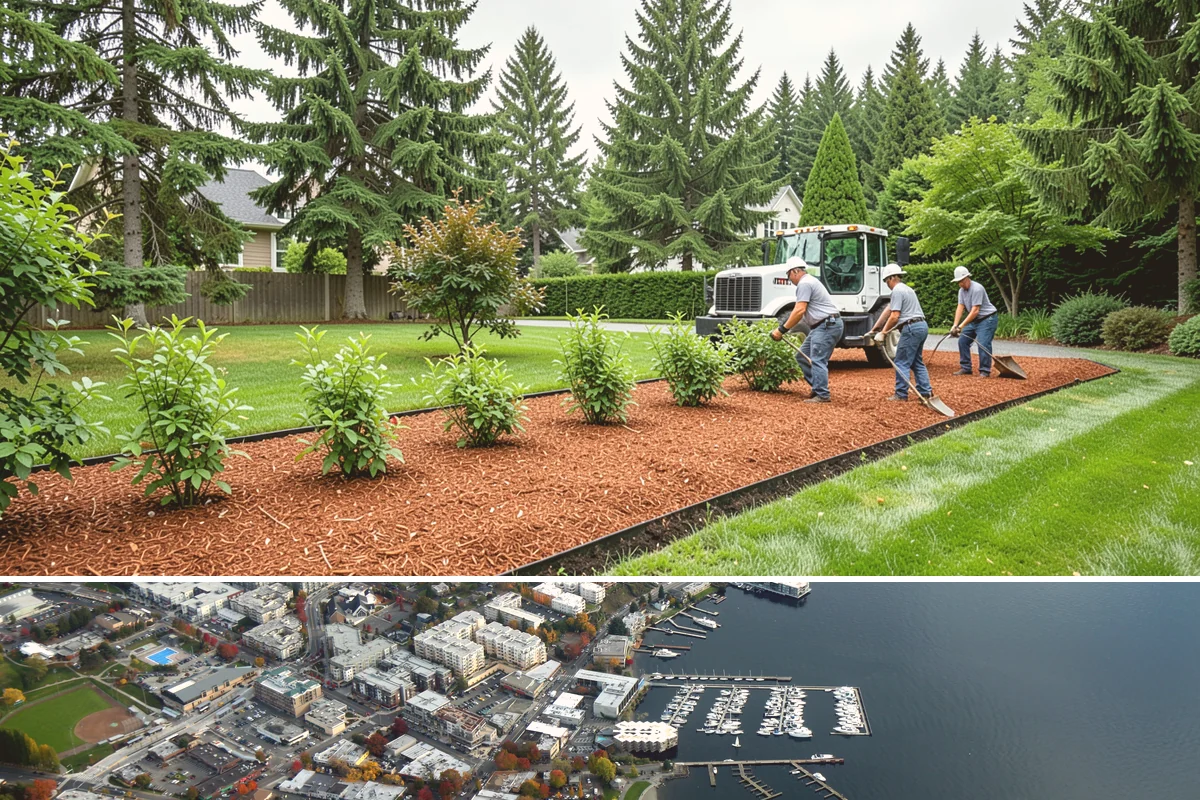 Arborist Wood Chip Installation in Kirkland, King County, WA - Arborist chips can go down any season, but a fall application in the Northwest insulates roots and lets the chips mellow over...