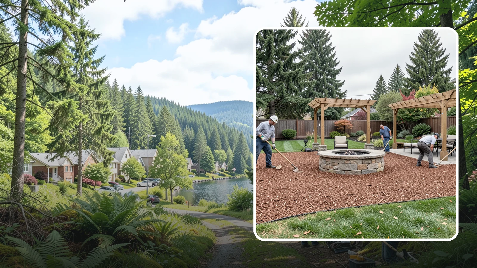 Arborist Wood Chip Installation in Lake Forest Park, King County, WA - We install fresh arborist wood chips that build soil naturally and make an economical, sustainable mulch for large areas.